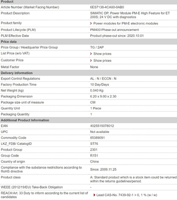 Zahlungsfrist T/T 6ES71384CA600AB0 Leistungsmodul PM-E Hochleistung für ET 200S 24 V Gleichstrom