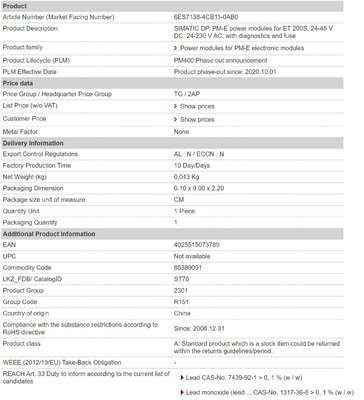 ET 200S 24-48V DC 24-230V AC PM-E-Leistungsmodule mit Diagnostik und Sicherung 6ES7138-4CB11-0AB0