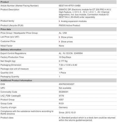 100% Original 6ES7144-4FF01-0AB0 ET 200 PRO 4 AI U High Feature Channel Diagnostik