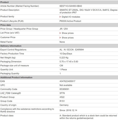 6ES7143-5AH00-0BA0 DIQ 16x24 V DC/0,5 A IP67 Siemens ET 200AL Anschlussmodul mit 1