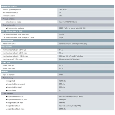 6ES7416-3XS07-0AB0 SIMATIC S7-400 CPU 416-3 mit 16 MB Arbeitsspeicher und 3 Schnittstellen